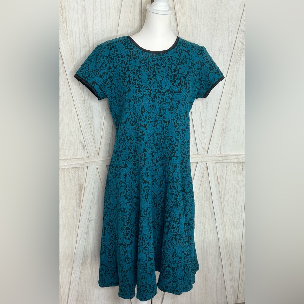 EUC Blair Teal Black Midi Dress Paisley Damask sz M crew neck fit & flair moody - Picture 2 of 11